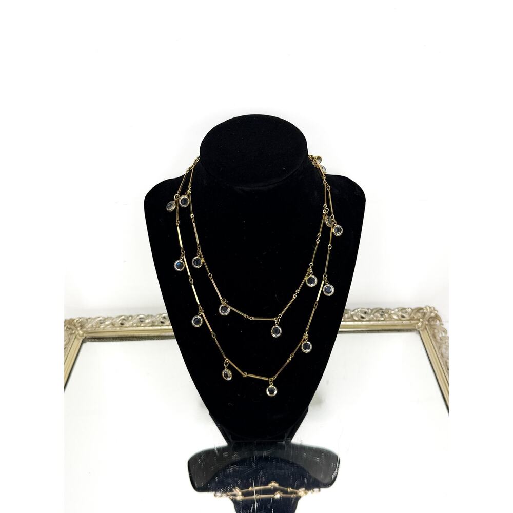 Gold Tone Signed Swarovski Clear Crystal Long Necklace 34”, Bezel Crystal, Facet